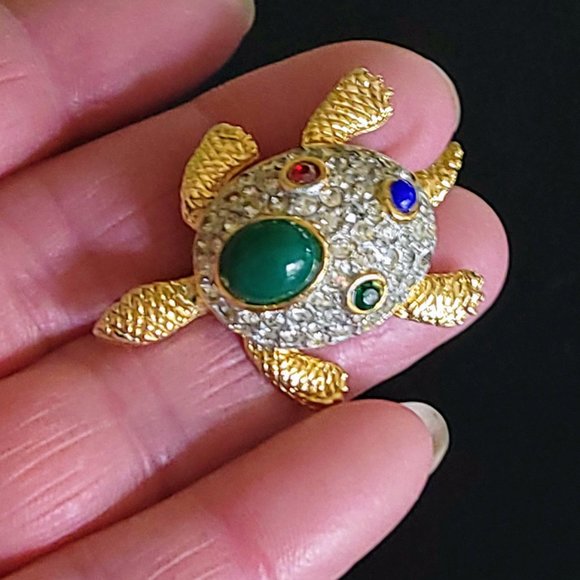 Vintage Sphinx Rhinestone and Cabochon Turtle Brooch Pin - Picture 5 of 9